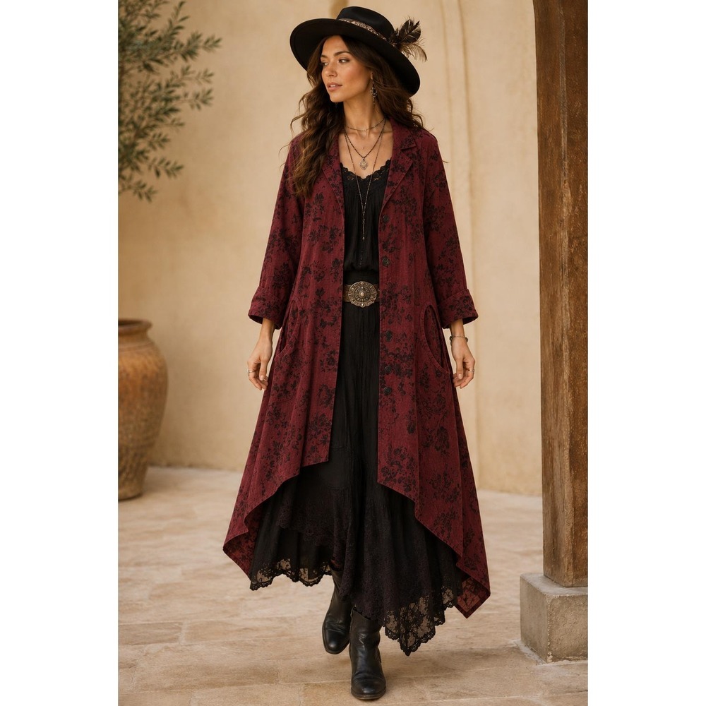Cynthia Ashby Floral Linen Duster Coat Womens M Red Steampunk Lagenlook Vtg